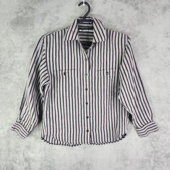 Womens Anne Klein II Linen Shirt Red Black Striped Button-Up Long Sleeve Size 4 - Picture 2 of 10